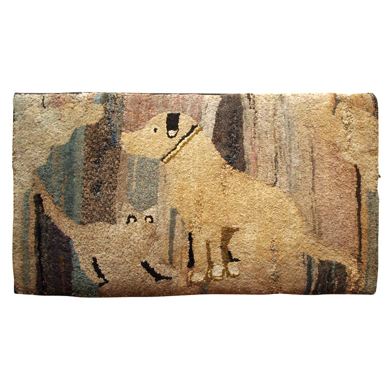 Antique Hooked Rug Cat and Dog For Sale at 1stdibs