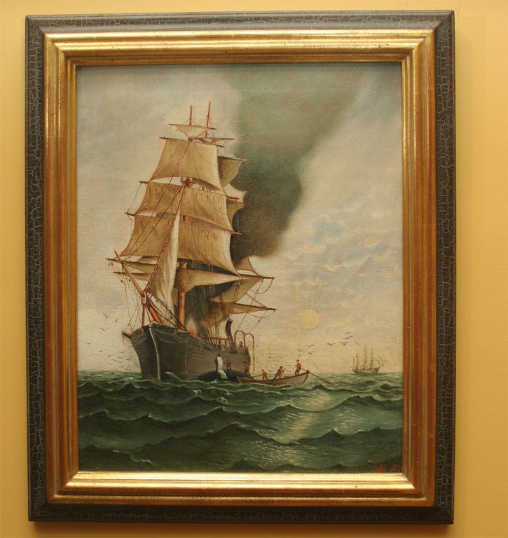 Smoke rises from a magnificent sailing ship, with men in row boat nearby.  Inscribed  