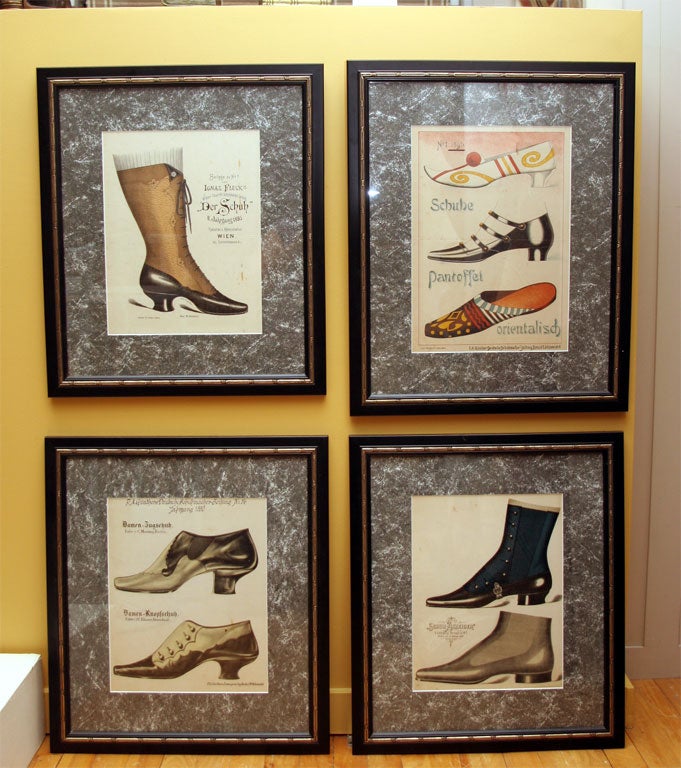 Printed images of late-19th-century designer shoes. Inscribed with names of designs, designers and makers with dates from 1890-1898. German origin.
