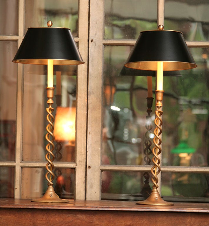 pair brass twist candlestick lamps<br />
clip on shades