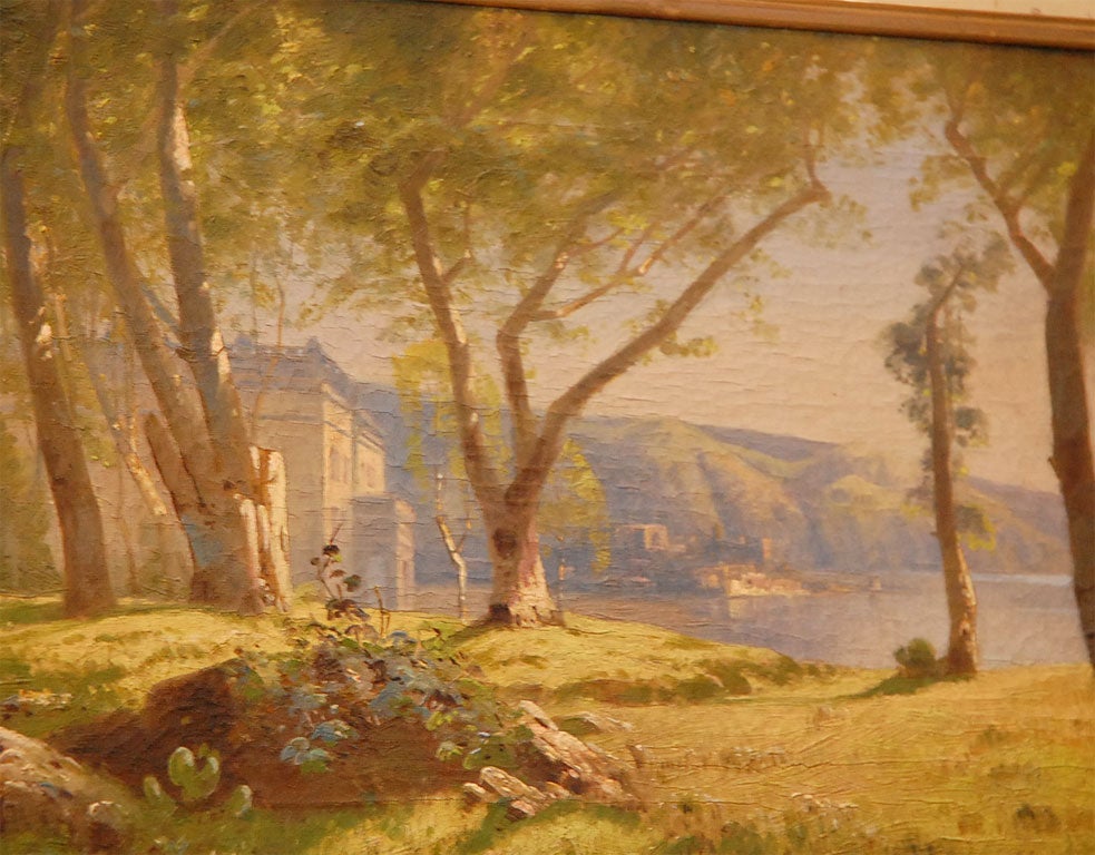 19th century oil painting of a house on lake. Signed but can't make out signature.  Color of photos are not accurate.  Color is wonderful.   Store formerly known as ARTFUL DODGER INC