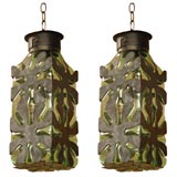 Pair Of Iron 
Glass Pendant Lamps