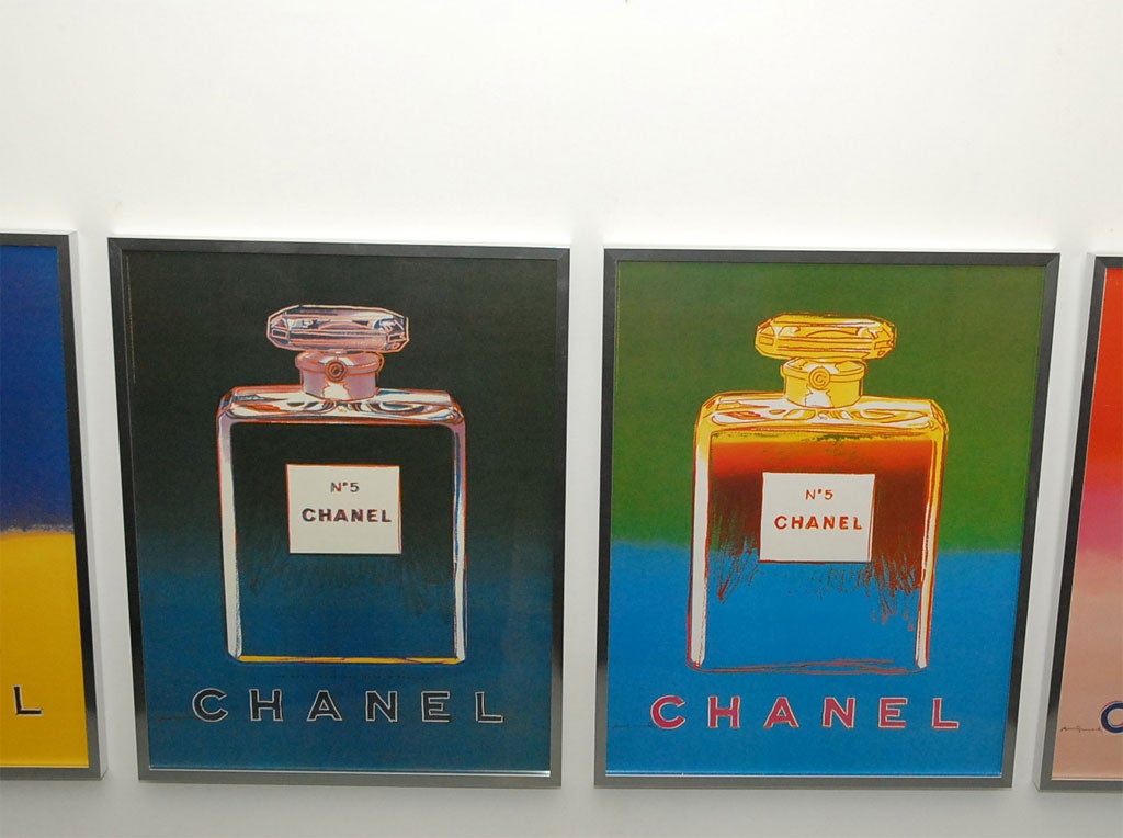 Original dead stock Chanel  advertisements from  Paris, France.    Originally designed by Andy Warhol in the 1980's  but frozen after his death, these Ads  were released  by  the estate  in the 1990's to Chanel to be used  in a campaign.  These 4