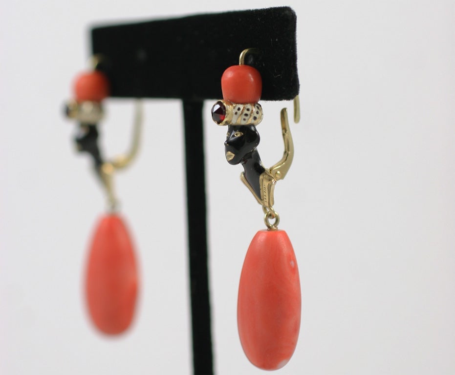 Gold Enamel  & Coral Blackamoor Earrings