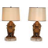 Pair of Bronze Foo Dog Trio Lamps