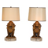 Retro Pair of Bronze Foo Dog Trio Lamps