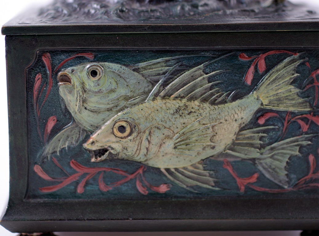Beautiful and Unique Presentation Box decorated with Fish, Octopus and other Marine Life.  Hinged Lid has Mermaid with shell in hand.  Cedar lined interior. Box mounted on bronze shell feet.  Signed Namgreb (Bergman backwards).  Franz Bergman signed