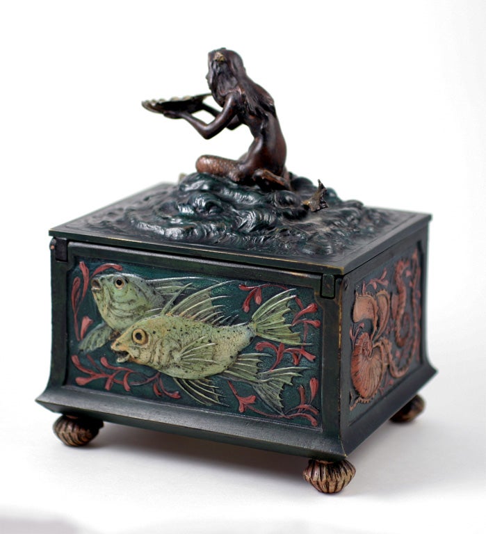 20th Century Polychrome Bronze Mermaid Presentation Box For Sale