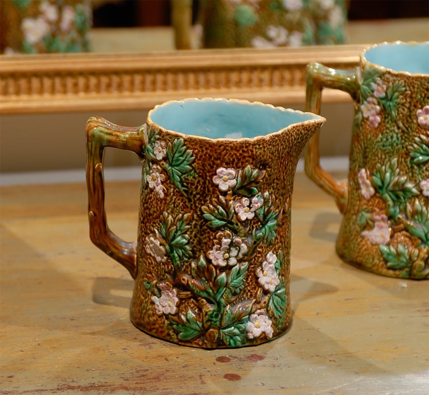 Glazed 3 George Jones Majolica Strawberry Blossom Pitchers