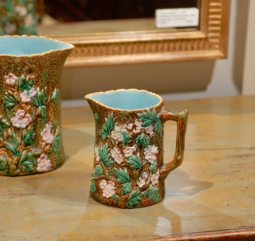 19th Century 3 George Jones Majolica Strawberry Blossom Pitchers