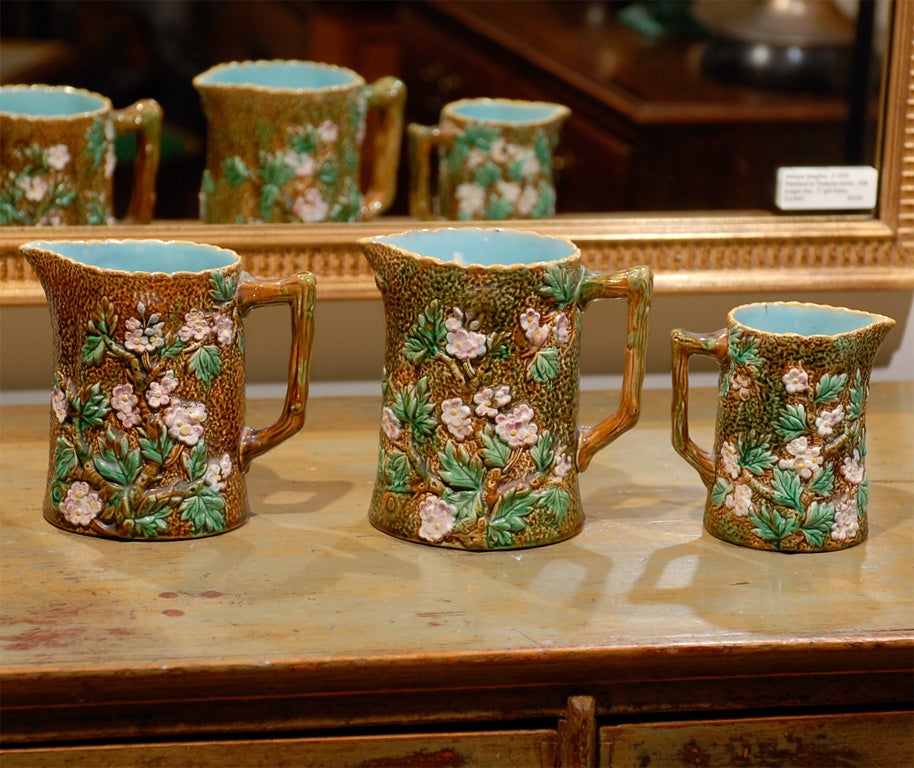 3 George Jones Majolica Strawberry Blossom Pitchers 1