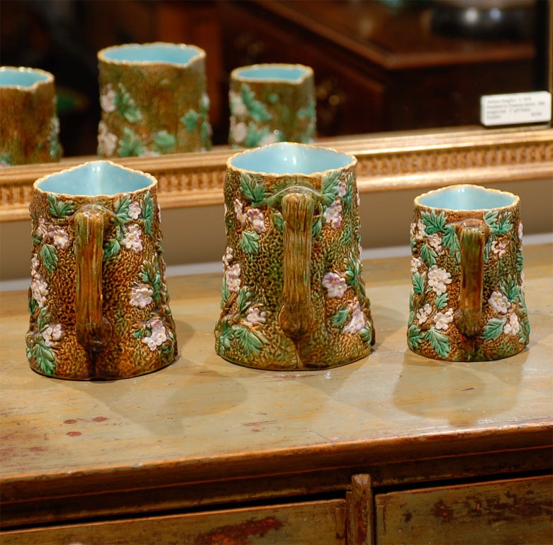 3 George Jones Majolica Strawberry Blossom Pitchers 2