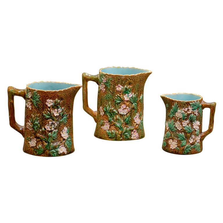 3 George Jones Majolica Strawberry Blossom Pitchers
