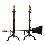 Antique Pair of English Brass and Iron Andirons 
Shovel, Circa 1800