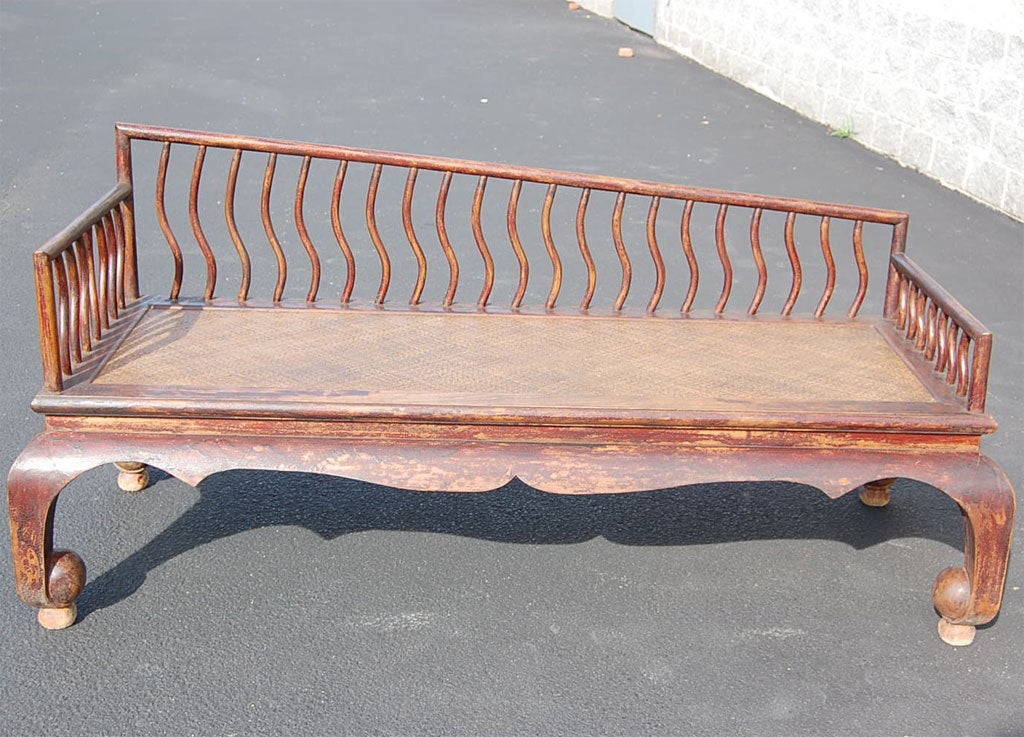 Lacquered Mid 19thC. Q'ing Dynsy Shanxi Ladies Daybed with Caned Seat and Slatted Back For Sale