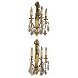 Pair of Bronze Sconces with greek key motifs  & crystal prisms