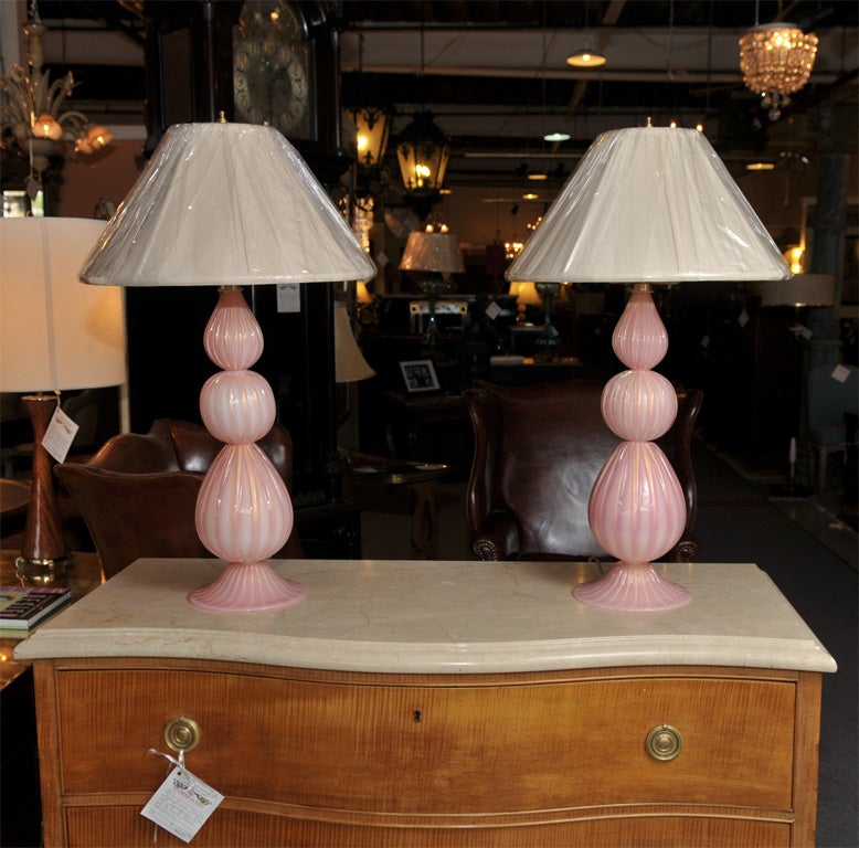 Pair Pink and Gold Murano Glass Lamps