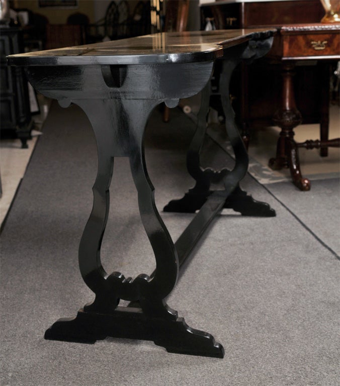 Neoclassical Maison Jansen Ebonized Console Table Eglomise Gilt Glass Top Over Two Drawers