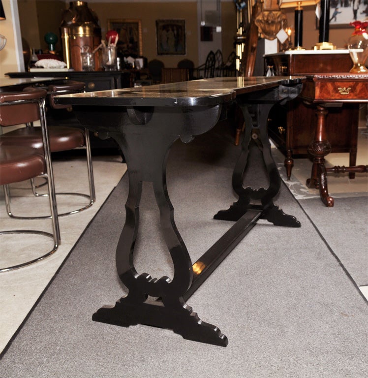 Mid-20th Century Maison Jansen Ebonized Console Table Eglomise Gilt Glass Top Over Two Drawers