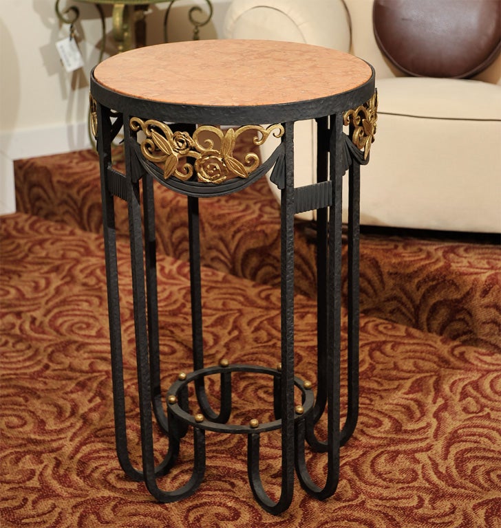 Argentine Great Art Deco Iron Table with Gold Leaf and Red Marble