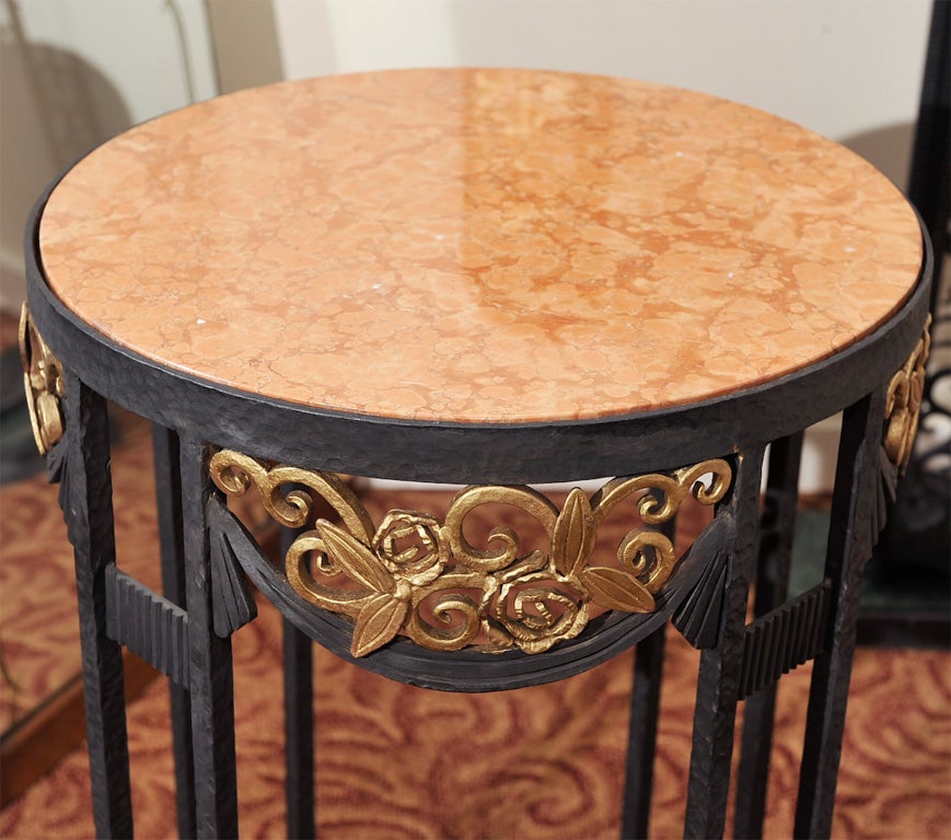 Great Art Deco Iron Table with Gold Leaf and Red Marble 1