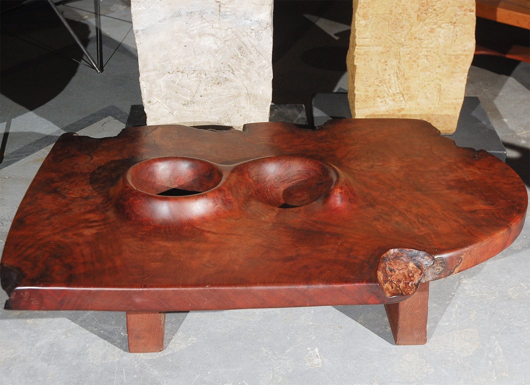 JB Blunk burlwood coffee table with two carved indentations, signed JB 78