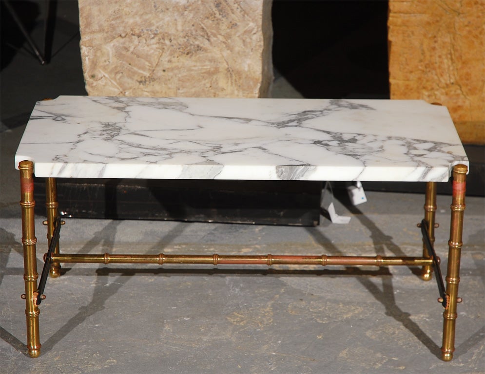 Jacques Adnet Marble Top Bronze Dore Faux Bamboo Coffee Table