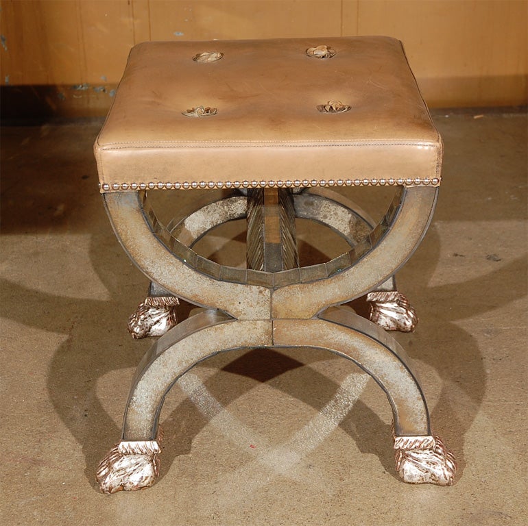 Leather Cushioned Bench with Mirrored Glass Lion Paw Feet