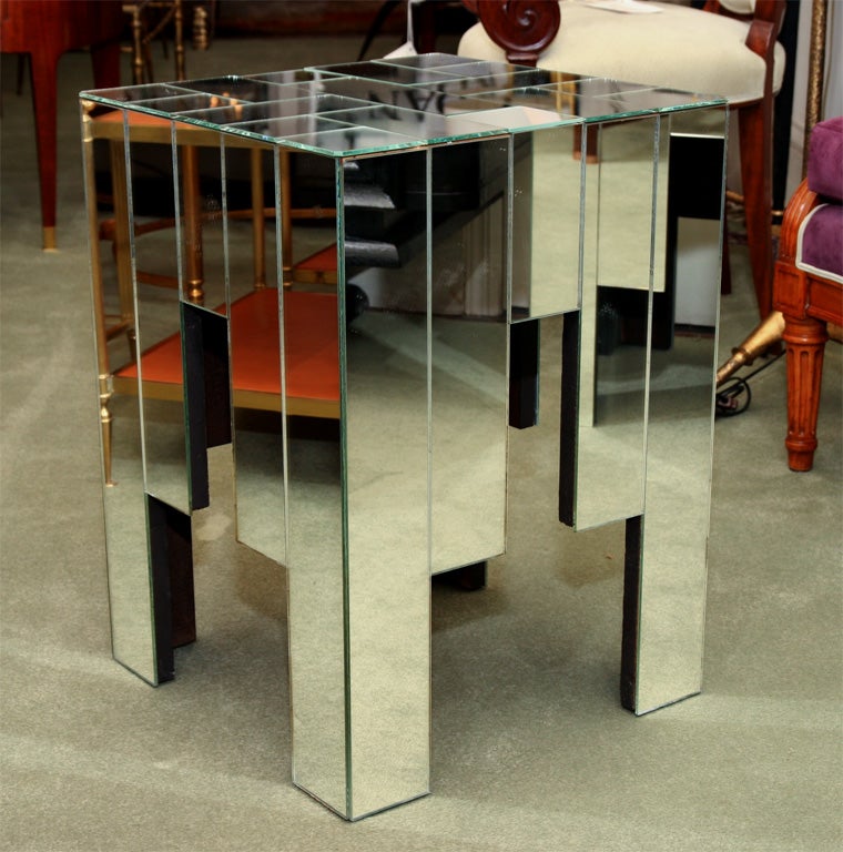 A pair of sophisticated mirrored sofa end tables, square, French, circa 1950.