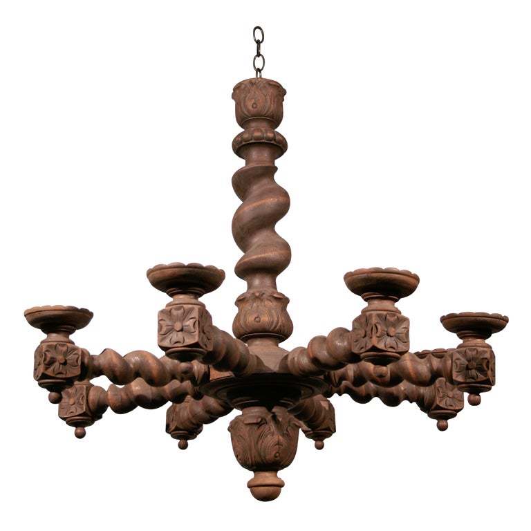 Wood & Twisted Spindle Chandelier For Sale