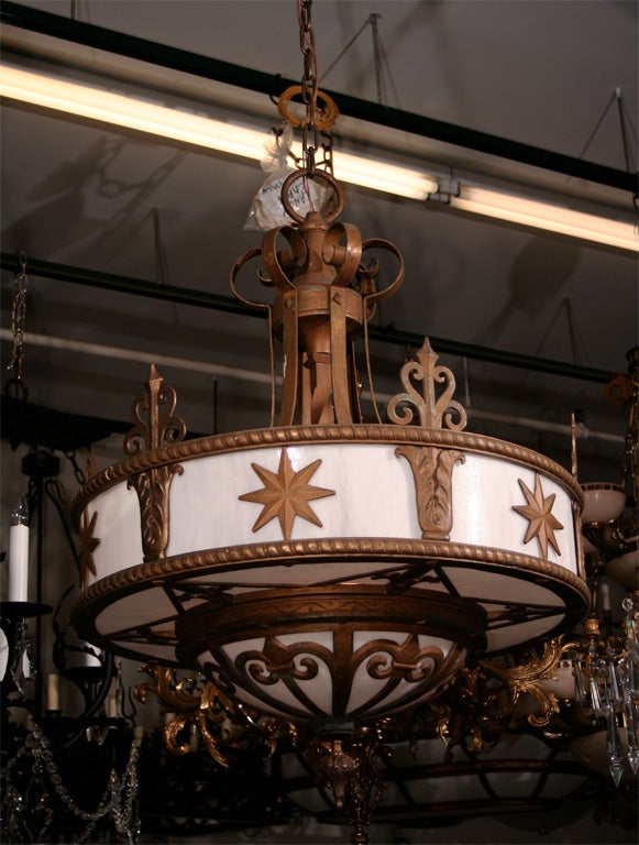Aged Brass Art Deco Fixture with Marbelized Glass