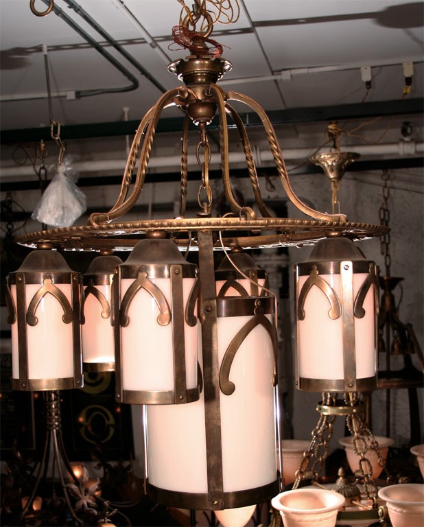 Brass Chandelier with 6 Luminaires and 1 Center Light For Sale