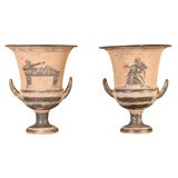 Pair of Large Terracotta Urns with Greek Revival Scenes.
