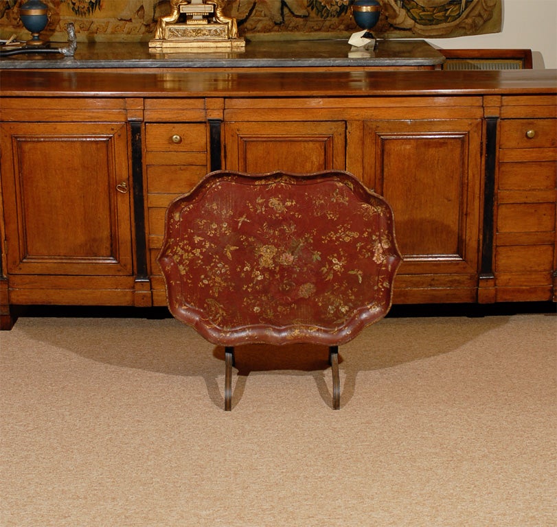 English Shaped Oval Painted Chinoiserie Tray on Folding Stand.