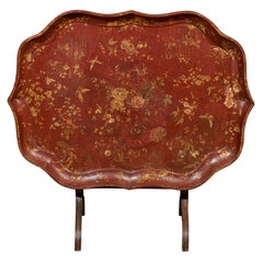 English Shaped Oval Painted Chinoiserie Tray on Folding Stand.