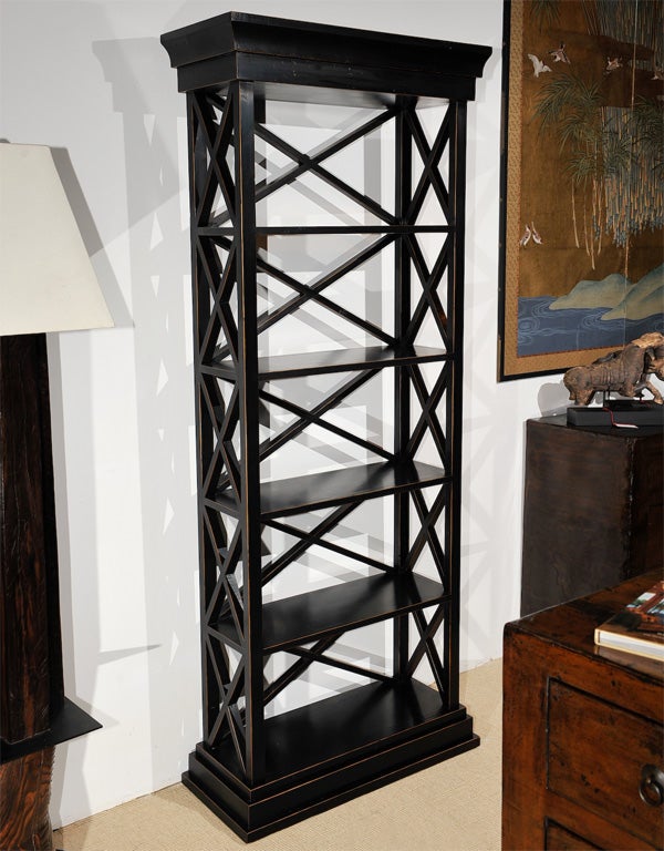 Tansu Design exclusive contemporary pair of black lacquer with rubbed edges bookcase.