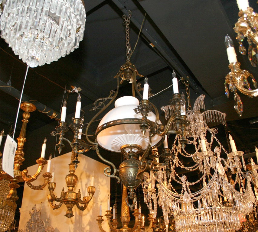 VICTORIAN STYLE 10 LIGHT ANTIQUED BRASS AND OPALINE GLASS CHANDE