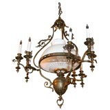 VICTORIAN STYLE 10 LIGHT ANTIQUED BRASS AND OPALINE GLASS CHANDE