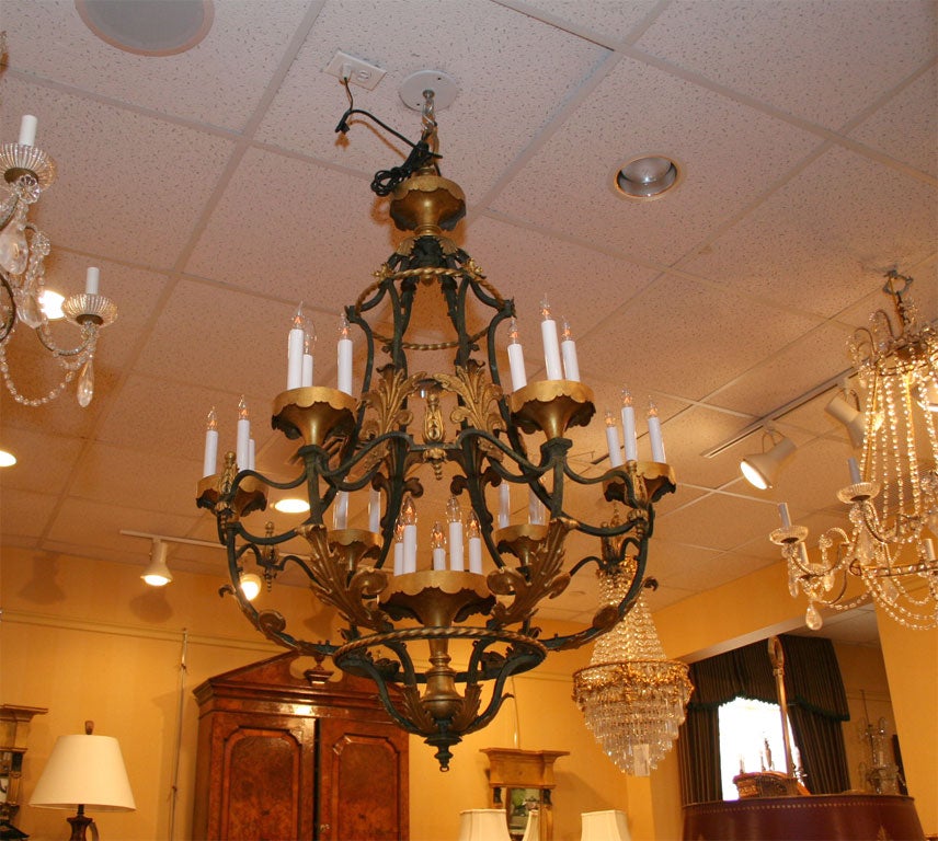 LARGE PATINA & GILDED BRONZE CAGE FORM CHANDELIER