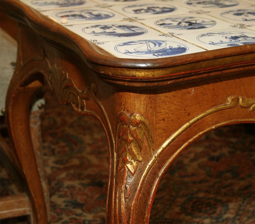 Swedish Rococo carved oak table with Dutch Delft tile In Excellent Condition In New York, NY