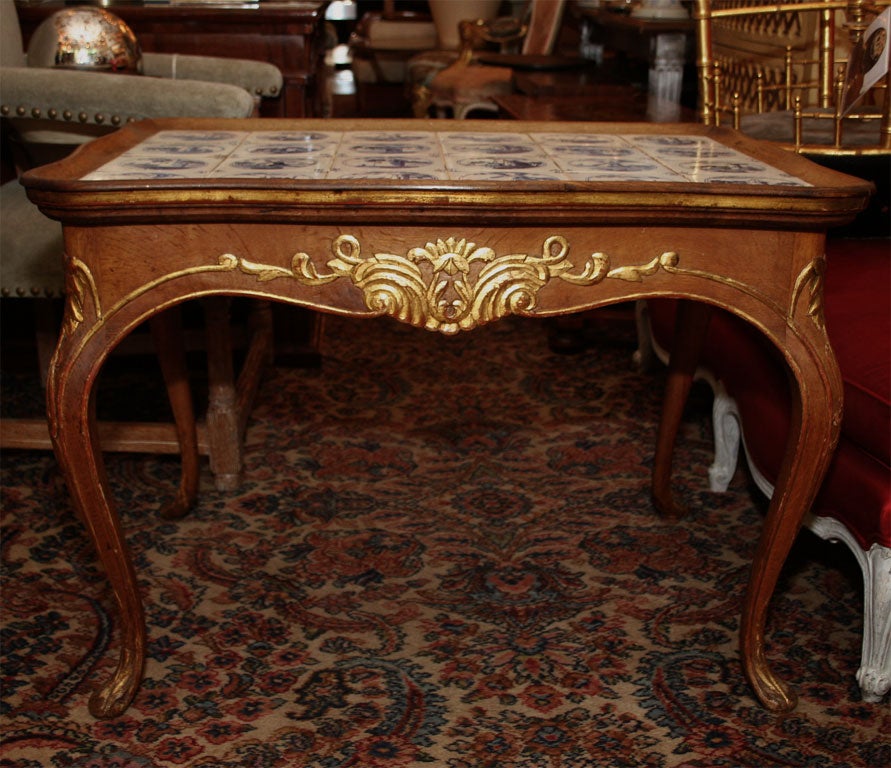 Oak Swedish Rococo carved oak table with Dutch Delft tile