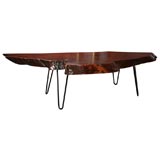 Solid walnut free form coffee table with iron legs