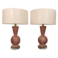 Pair of Pink and Silver Vintage Murano Glass Lamps