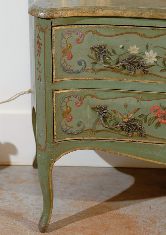 Italian Rococo Style Soft Green Painted Two-Drawer Commode with Pastoral Theme In Excellent Condition In Atlanta, GA