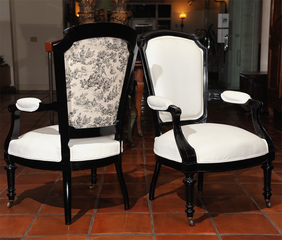 19th Century Pair of Napoleon III Style Lacquered and Upholstered Fauteuils For Sale