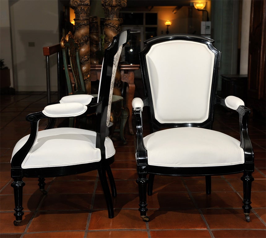 Fabric Pair of Napoleon III Style Lacquered and Upholstered Fauteuils For Sale