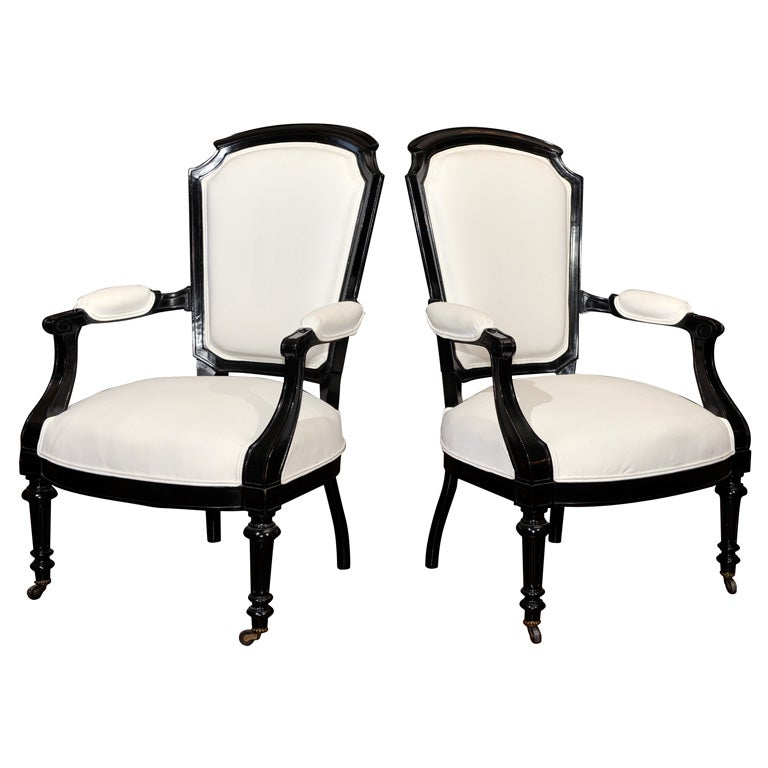 Pair of Napoleon III Style Lacquered and Upholstered Fauteuils For Sale