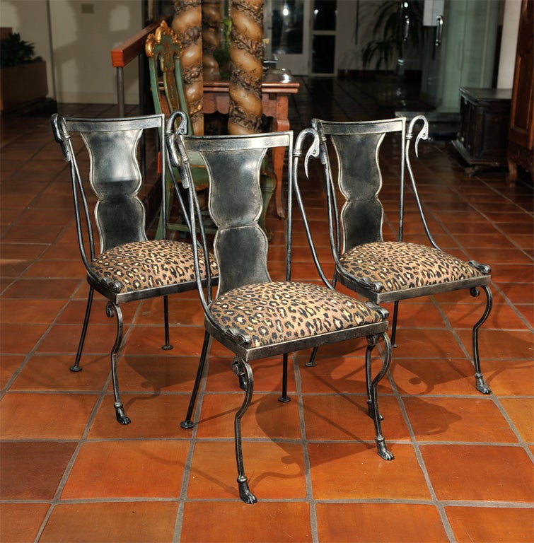 Set of Six French Iron Swan Form Garden Chairs