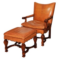Hand-carved Walnut Leather Library Chair and Ottoman
