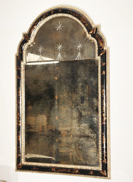 American Chinoiserie Queen Anne Style Etched Mirror w/ 12K White Gilt For Sale